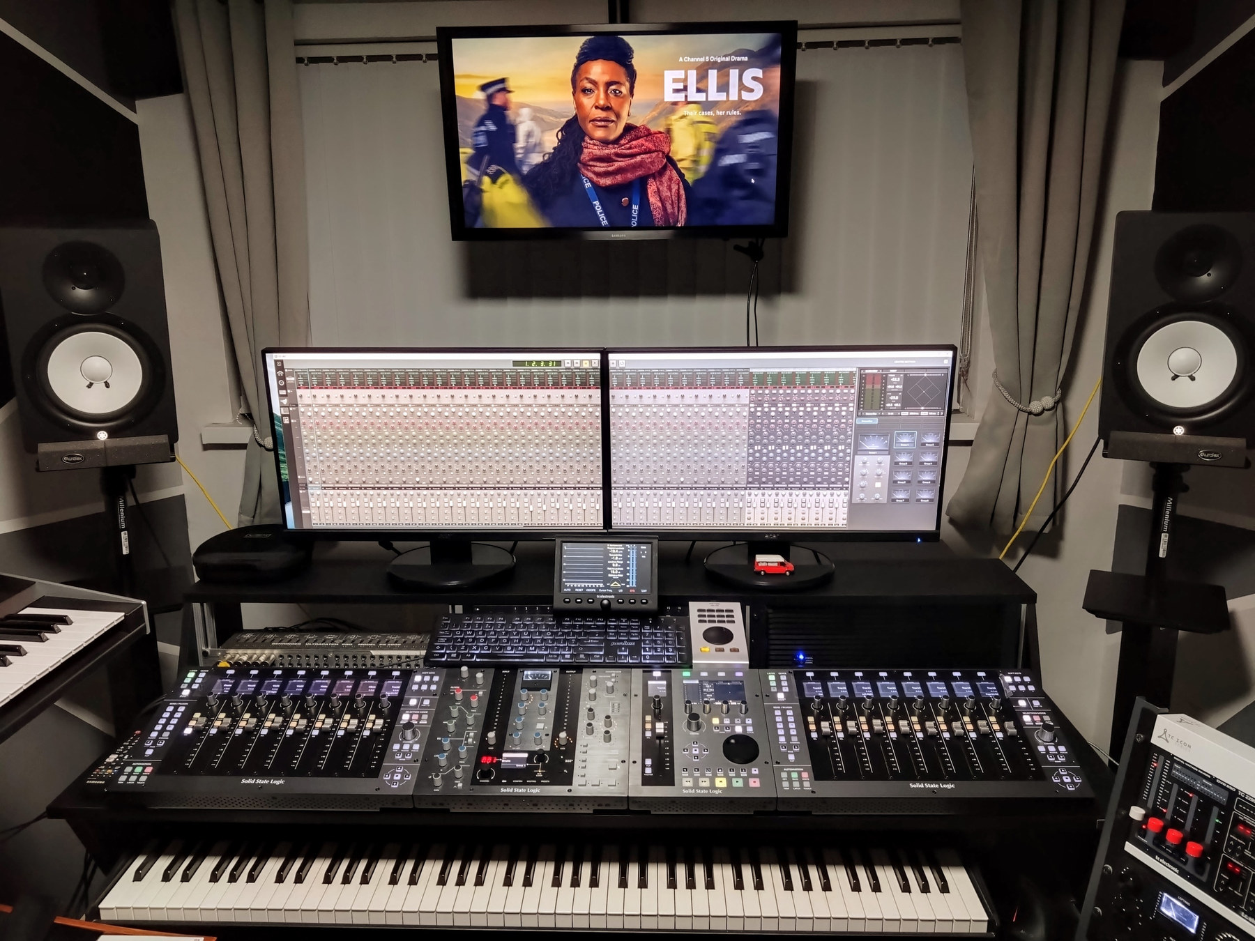Studio mixing console with an Ellis image on the display