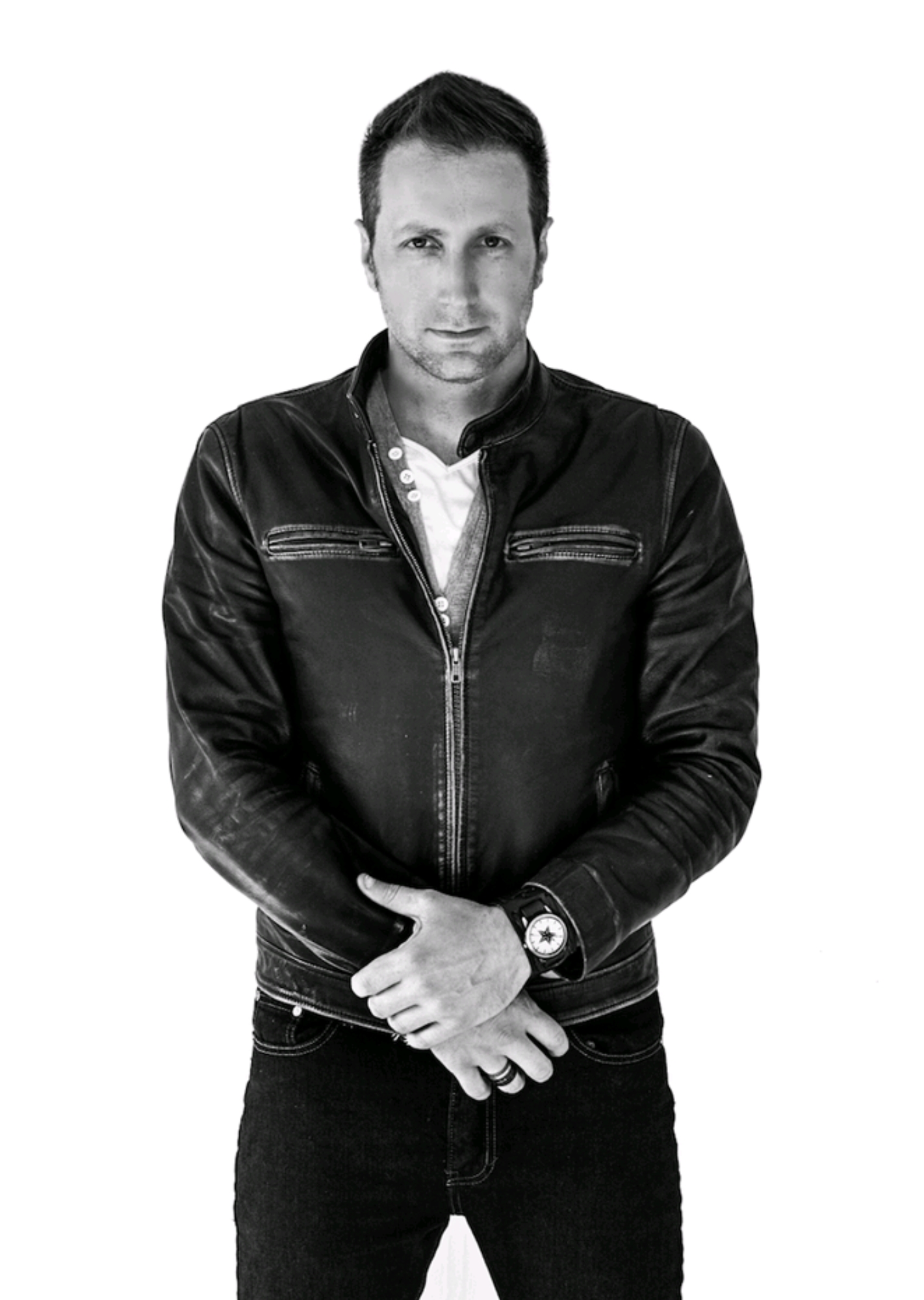 Black-and-white standing portrait of James Everett